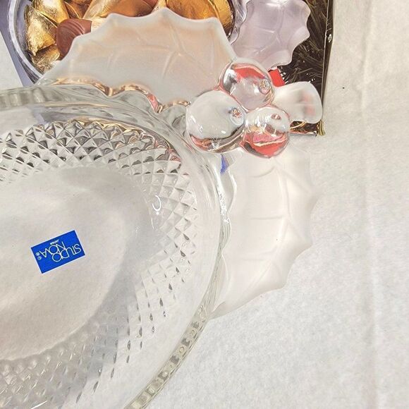 Christmas Candy Dish Studio Nova Glass Clear Frosted Holly Leaves Holiday Decor - Picture 2 of 8